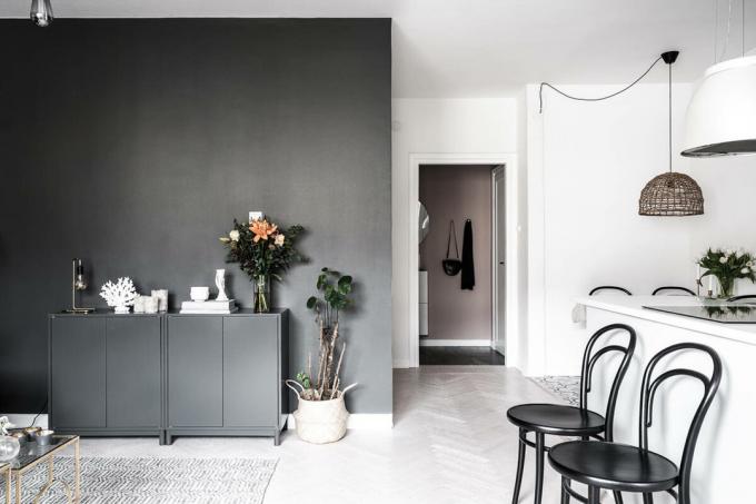 Стилен dvushka 42 m² с черен живот и спане в кухнята