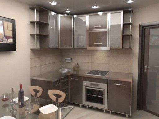 Малка кухня в просторна кухня - плюс факта, че трапезарията и зоната за сядане ще бъдат по-удобни