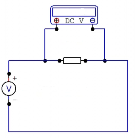 Фиг. Схема 3 мултиметър връзка при измерване на постоянно напрежение