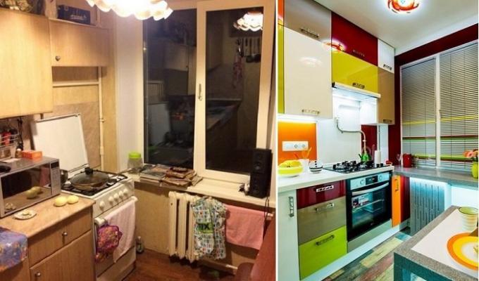 Преди и след: Брилянтен трансформация на кухнята в "Хрушчов", с площ от 6 квадратни метра. m