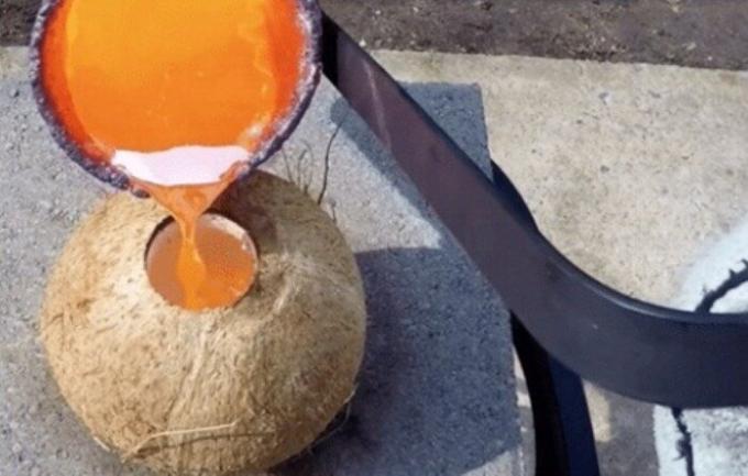 Blogger ефектно експеримент, проведен чрез попълване кокосови черупки стопената мед