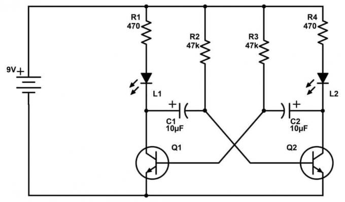 Схема Нестабилен мултивибратор с два светодиода
