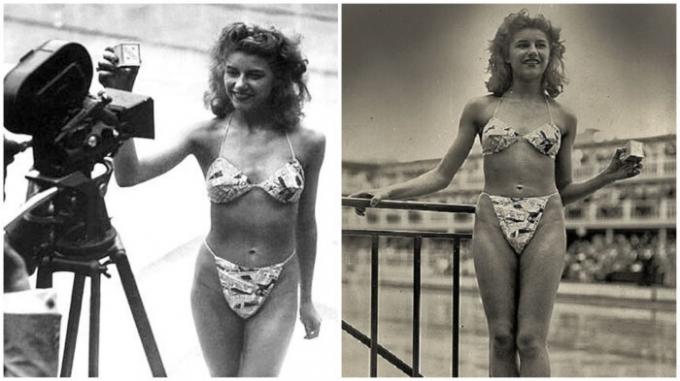 19-годишната танцьорка Мишелин Бернардини - единственият, който се съгласи да оскверни по бикини (1946 г.).