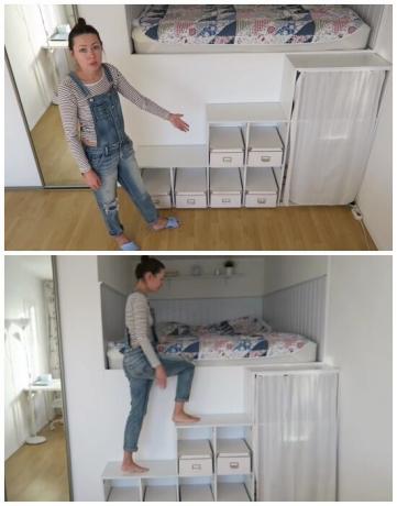 За да влязат в нужда импровизирана спалня да се изкачи по стълбите, рафтове. | Снимка: youtube.com.
